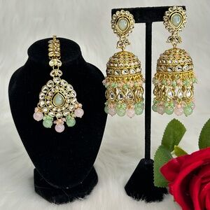 Gorgeous Mint Pink And Gold Kundan Jhumkas and Tikka Set